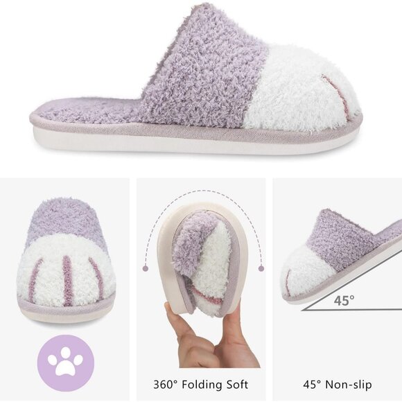 Women's Purple White Memory Foam Winter Warm Cozy Fuzzy Bedroom Slippers Shoes - Picture 3 of 6